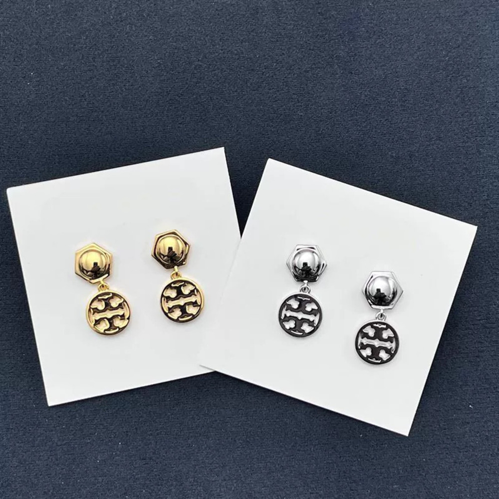 Tory Burch Gold Plated Double Geometric Circle Drop Earrings Hollow Letter Studs